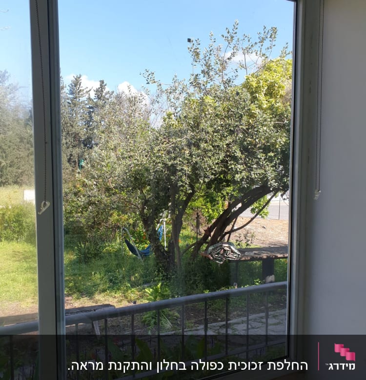 חלון זכוכית עם נוף של עצים וגן בחוץ